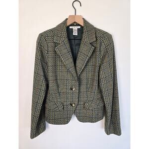 CAbi Wool Blend Plaid Fitted Cropped Blazer Jacket Green Blue Sz 8